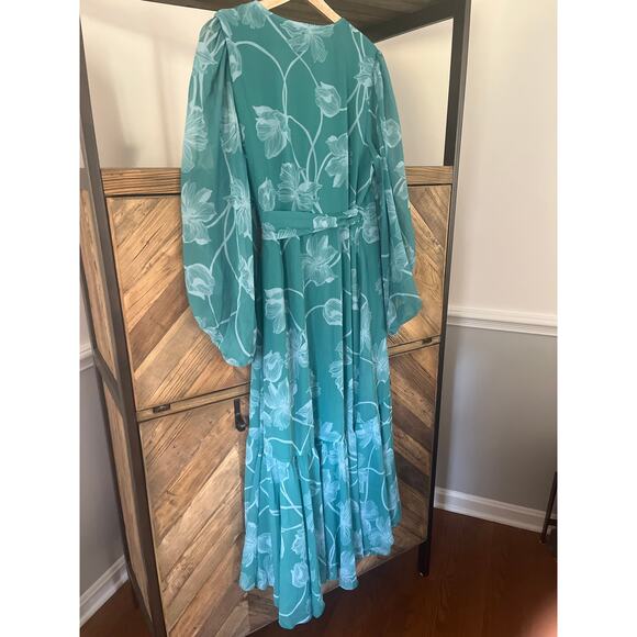 New Hutch Robyn Wrap Dress Long Sleeve V-neck Midi Teal and White Floral Large - Picture 9 of 12